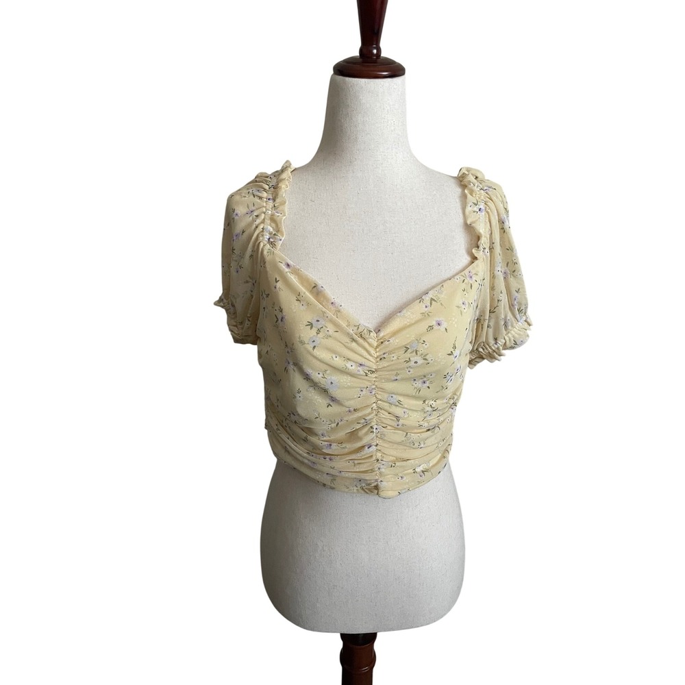 Butter Yellow Floral Ruched Pastel Puff Sleeve Crop Top Large Coquette‎ Dainty